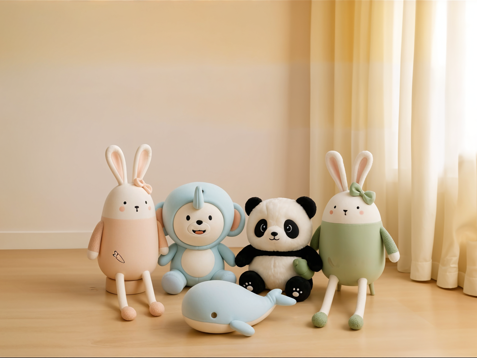 Set of plush toys including a rabbit, panda, and whale on a wooden floor with a neutral background.